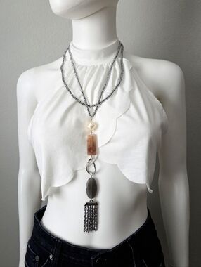 Chico's Long Statement Necklace, Silver Tone With Beads